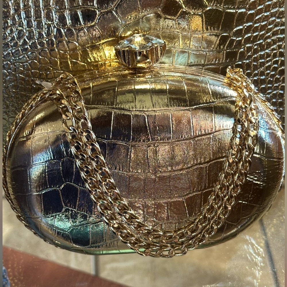 Gold Croc-Embossed Clutch with Chain